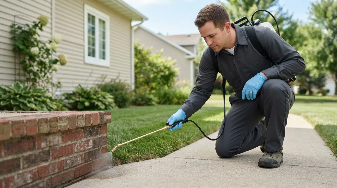 Pest control technician treating a home near Antwerp, NY