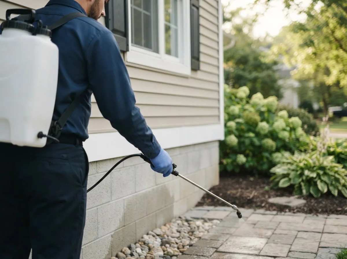 Pest control technician inspecting a home in Antwerp, NY